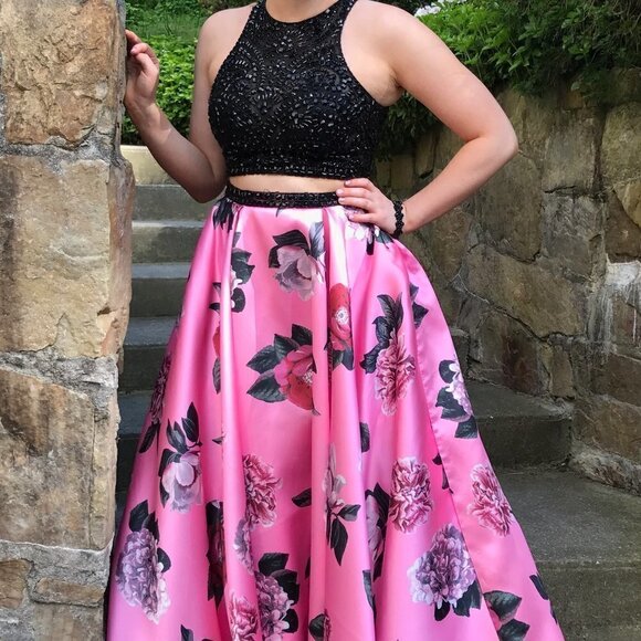 MORI LEE 2-Piece Pink Black Beaded Crop Top Floral Satin Skirt Dress Prom Gown 6 - Picture 3 of 7
